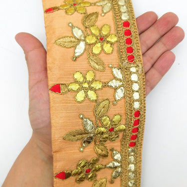 Orange Art Silk Fabric Trim, Red & Gold Floral Embroidery Gota Patti Indian Sari Border Trim By Yard Decorative Trim Craft Lace